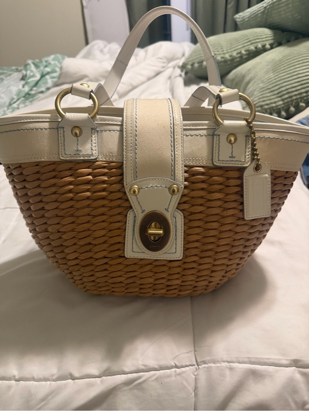 Coach Natural Woven Tote with White Leather Trim